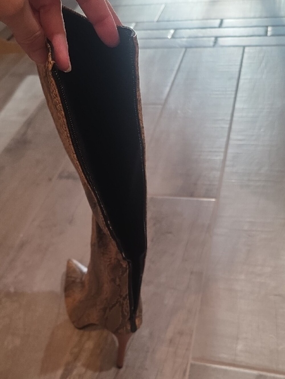 Snake-Print Mid-Calf Stiletto Boots in Brown - Picture 2 of 8